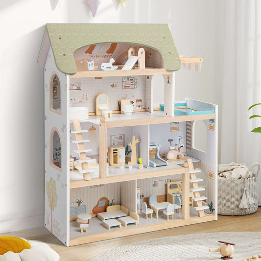 Light wood dollhouse playset with green roof and open front rooms