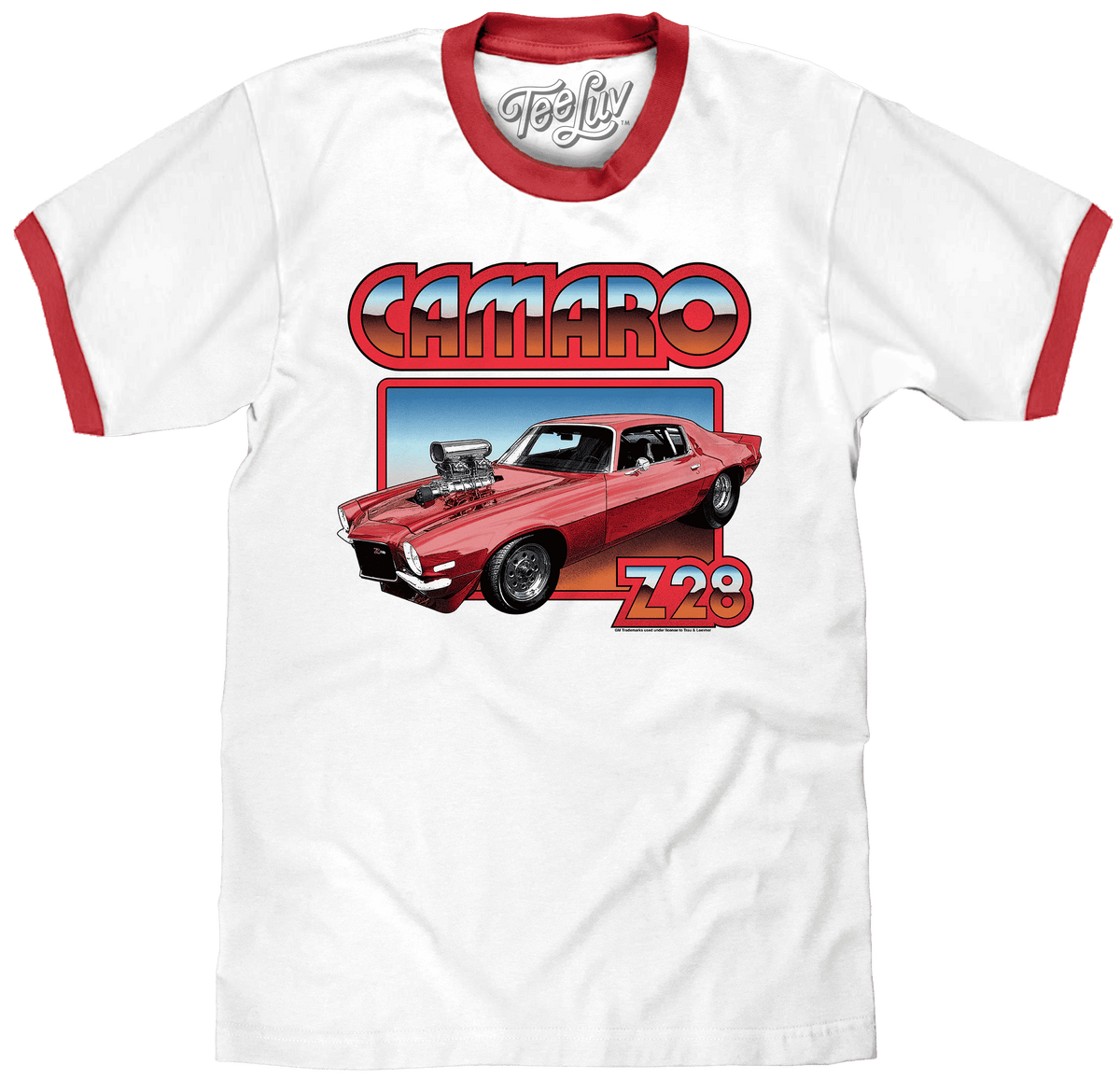 White ringer T-shirt with red crew neck and Camaro Z28 graphic front print