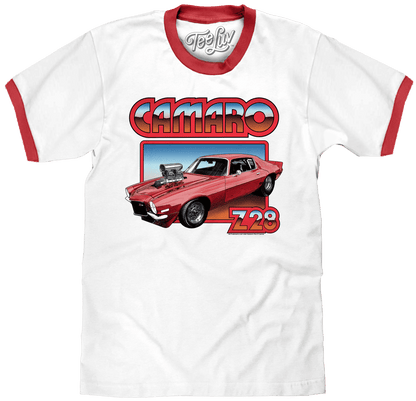 White ringer T-shirt with red crew neck and Camaro Z28 graphic front print