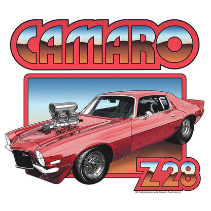Camaro Z28 ringer T-shirt front graphic close-up with red car and Z28 logo