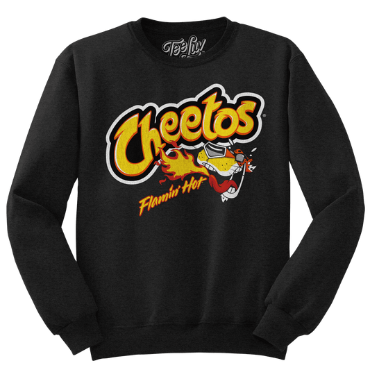Black crewneck sweatshirt with large Cheetos Flamin' Hot graphic on chest