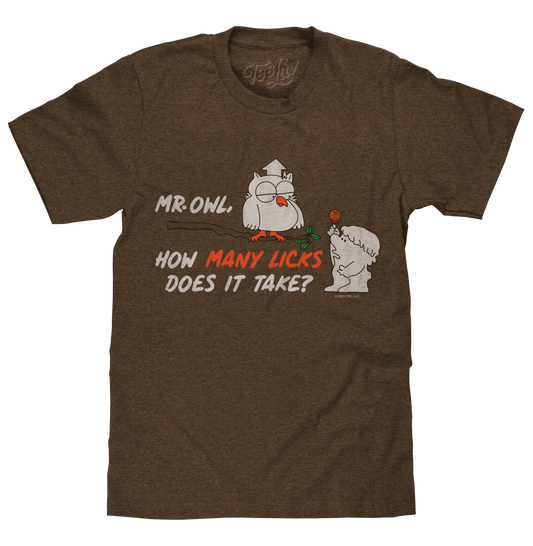 Heather brown graphic T-shirt with owl character and 'How many licks' text