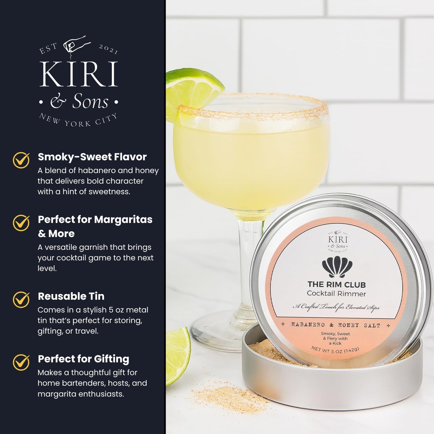 Kiri & Sons Habanero & Honey Margarita Salt Rimmer – Spicy-Sweet Cocktail Rim Salt | 5oz Tin