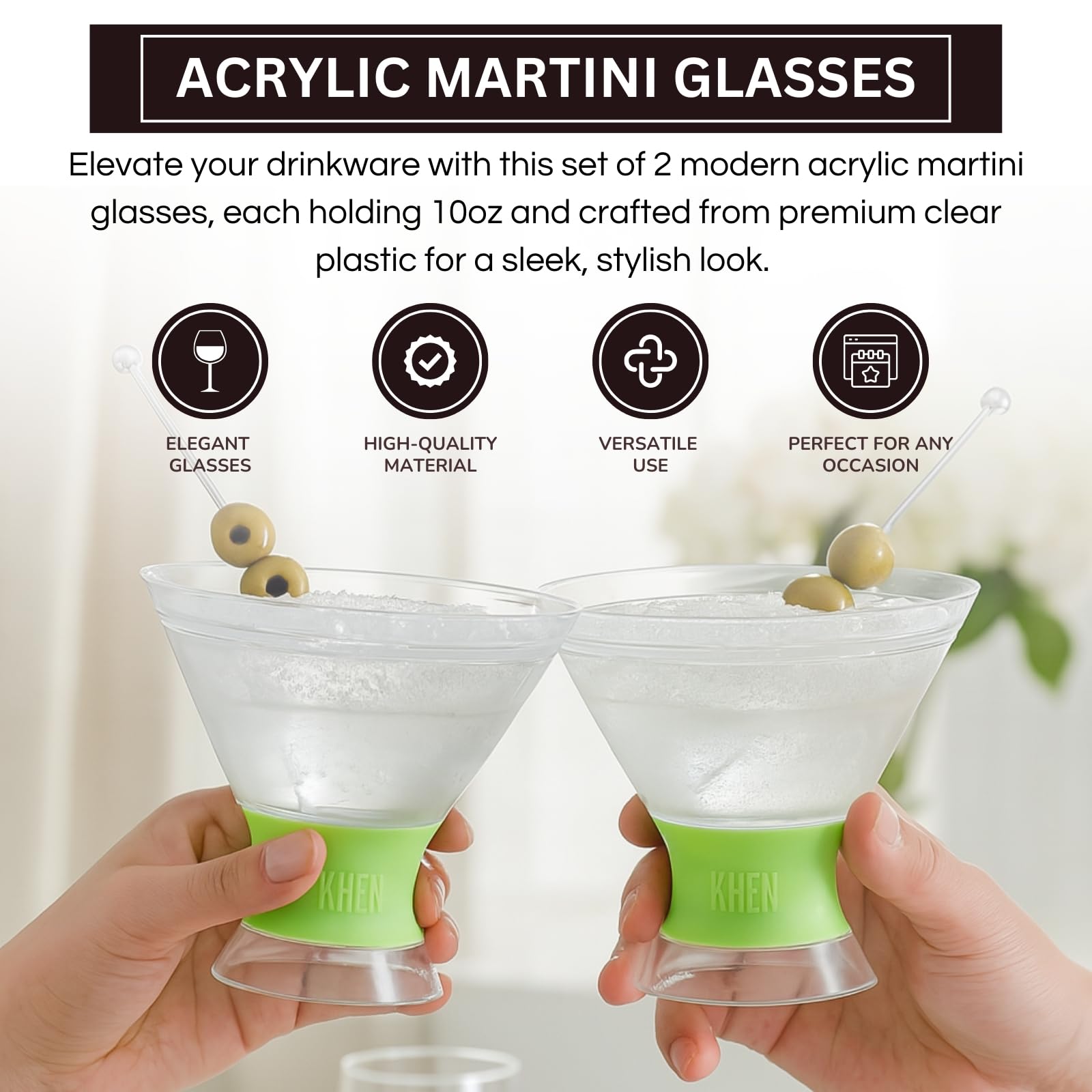 Khen Cooling Martini Glasses | Set of 2 | 10oz | Double-Wall Insulated | Shatterproof Acrylic | Frosted Base - Niksstuff