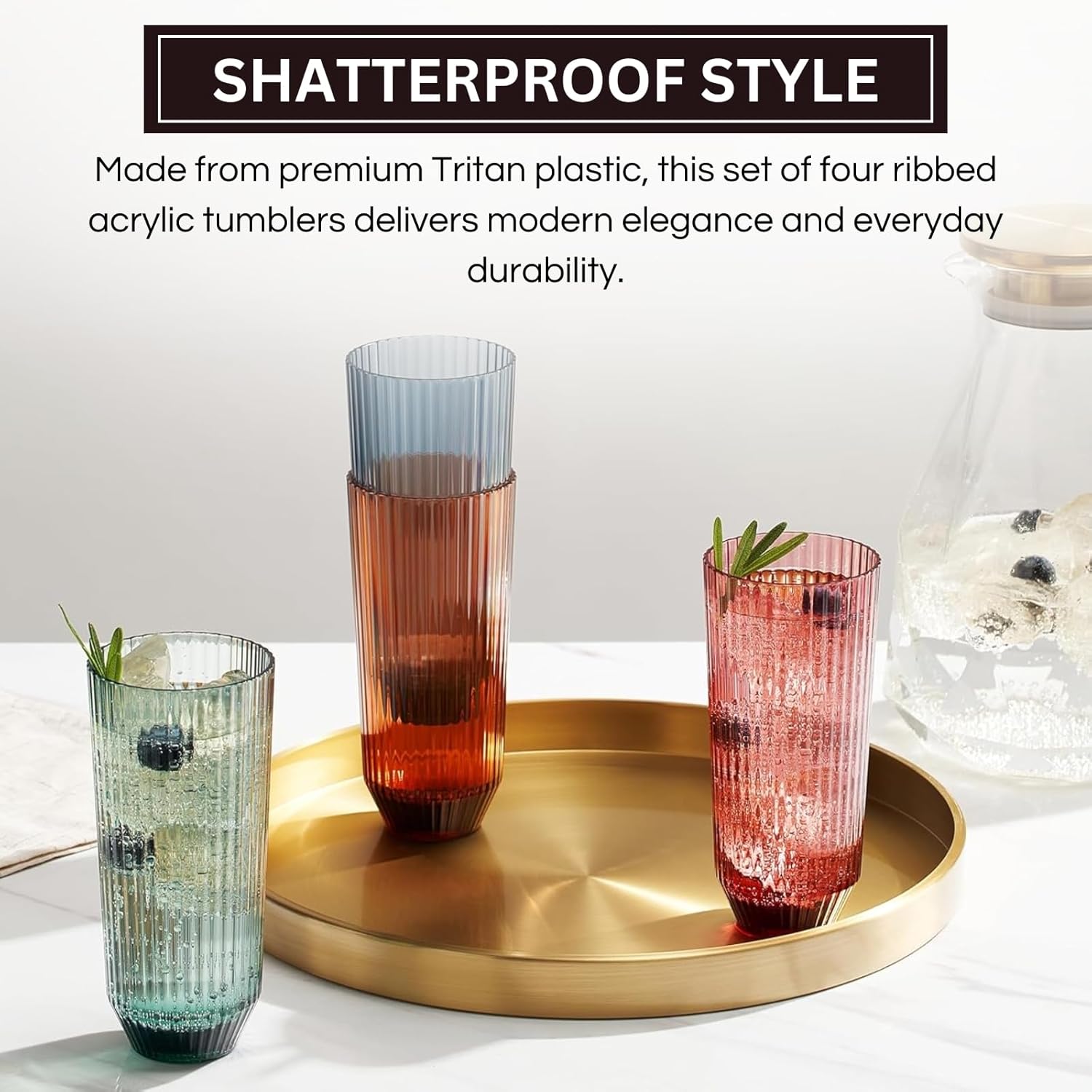 Khen Ribbed Drinking Glasses | Set of 4 | Shatterproof Tritan Acrylic | Indoor & Outdoor | Khen Site - Niksstuff