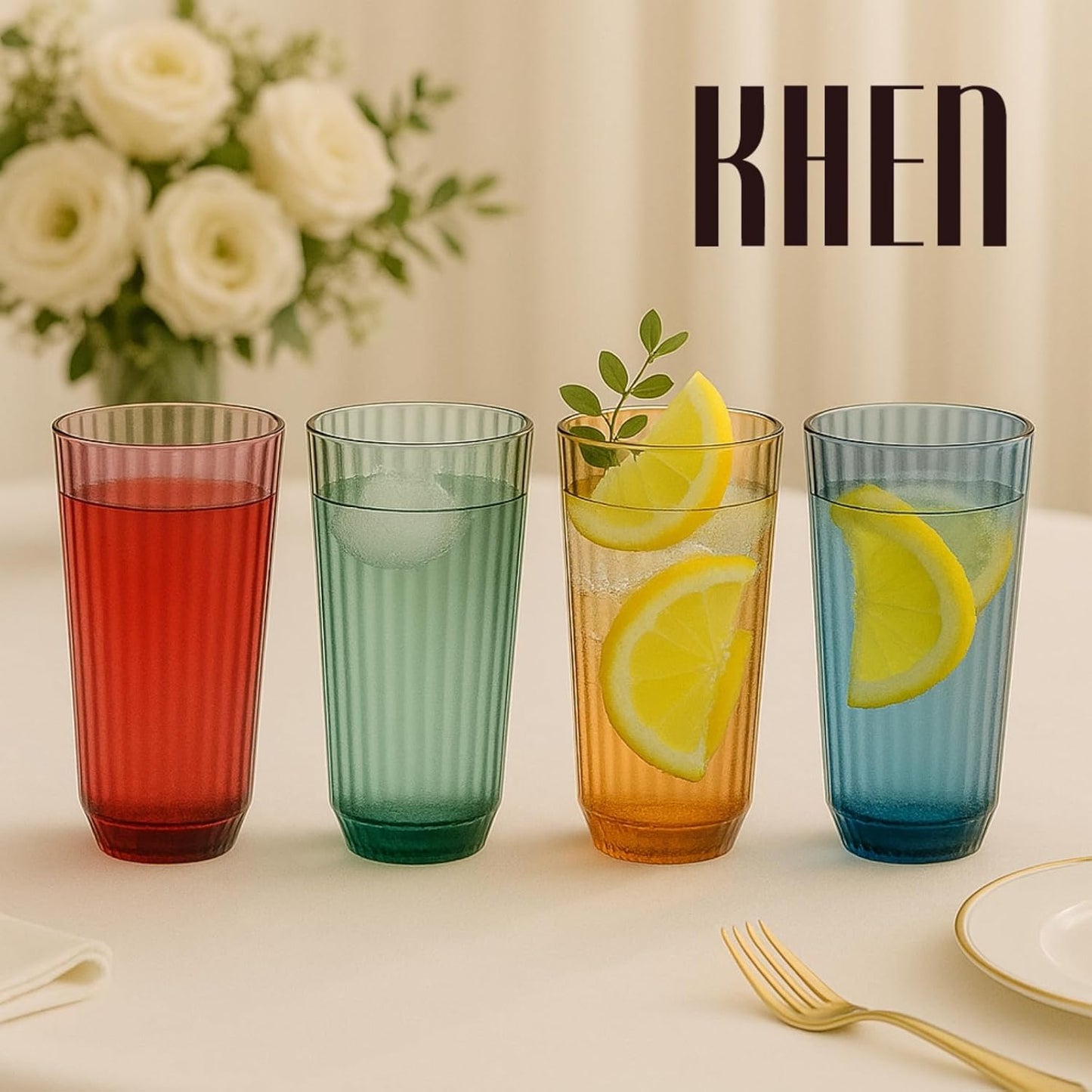 Khen Ribbed Drinking Glasses | Set of 4 | Shatterproof Tritan Acrylic | Indoor & Outdoor | Khen Site - Niksstuff