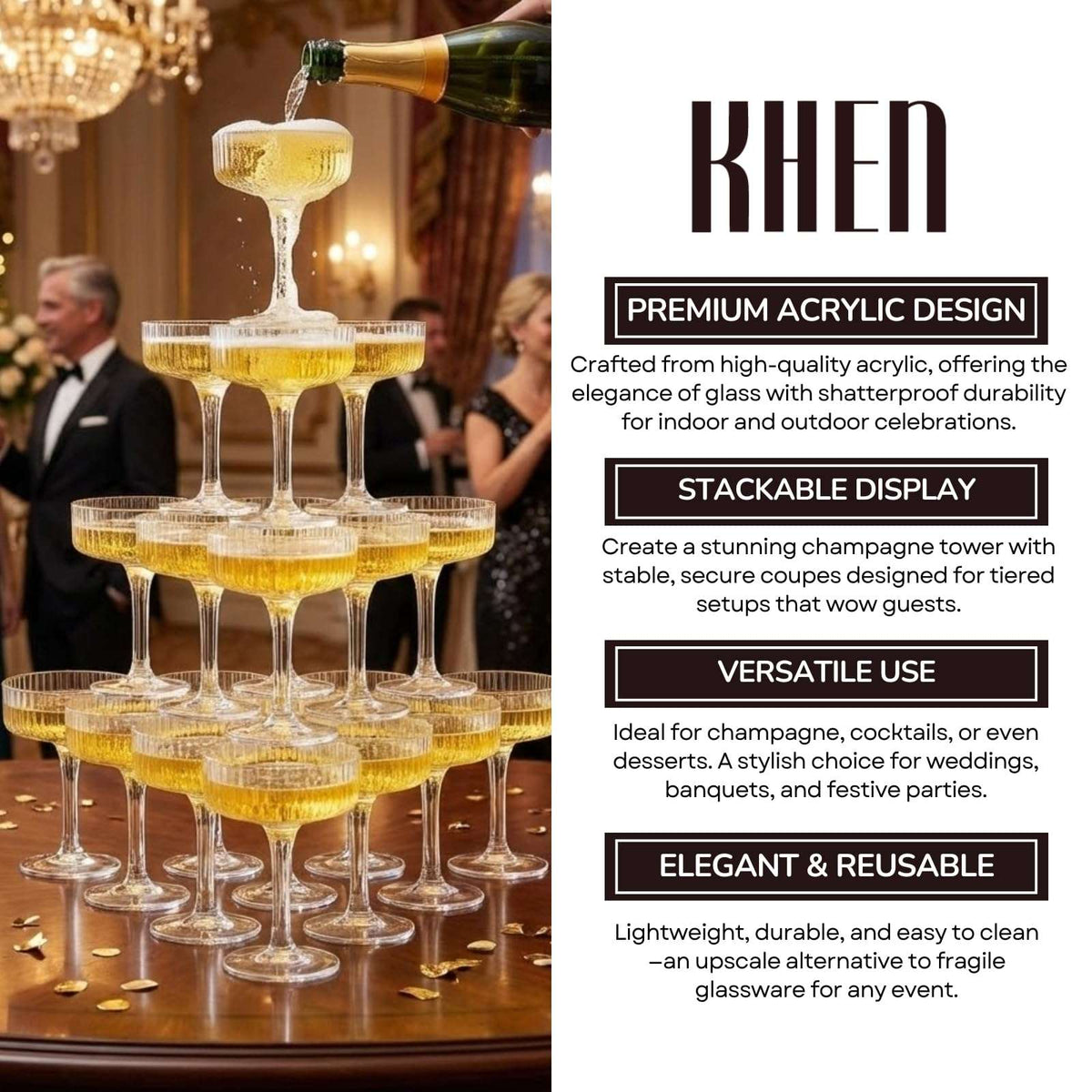 Acrylic champagne tower with stackable clear coupe glasses as champagne pours into the top