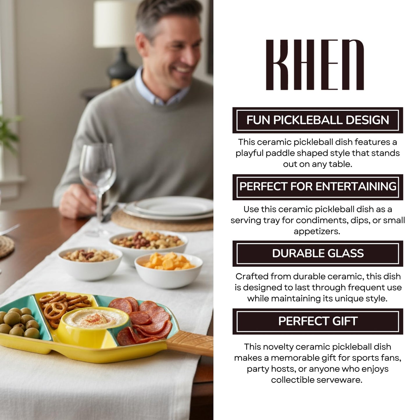 Khen Ceramic Pickleball Paddle Dish – Serving Tray for Dips, Snacks & Condiments | Gift Idea