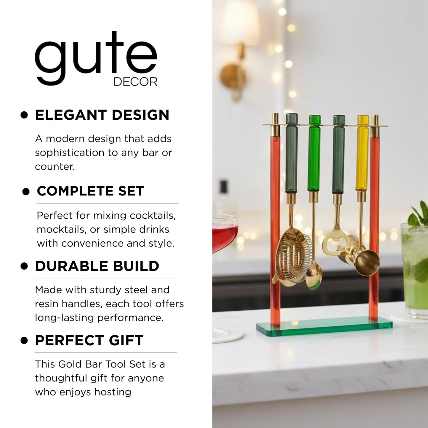 5-Piece Gold Bartender Kit with Stand | Colorful Resin Handles | Gold-Finished Steel | Gift-Ready