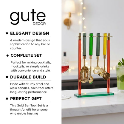 5-Piece Gold Bartender Kit with Stand | Colorful Resin Handles | Gold-Finished Steel | Gift-Ready