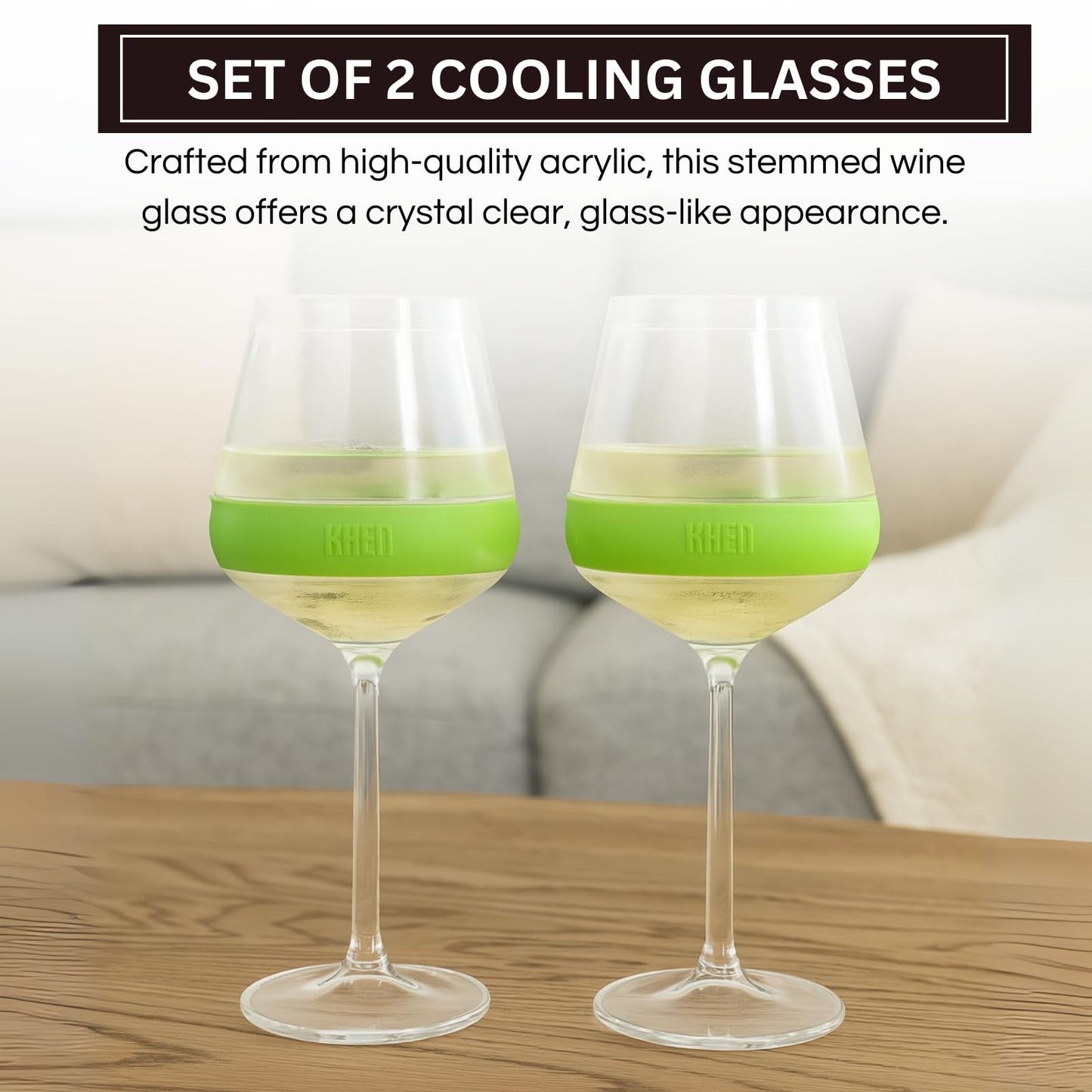 Khen Stemmed Acrylic Cooling Wine Glasses | Set of 2 | 14oz | Green | Break-Resistant | Freezer Safe - Niksstuff