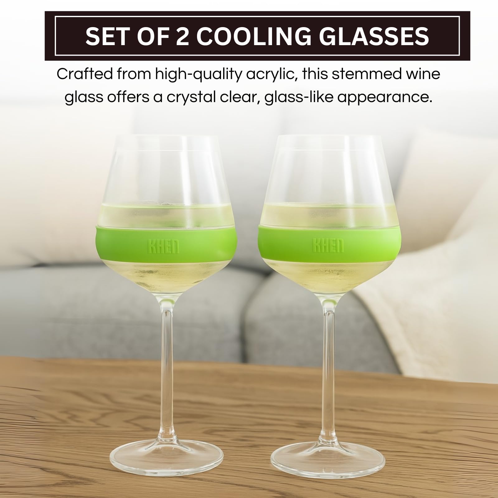 Khen Stemmed Acrylic Cooling Wine Glasses | Set of 2 | 14oz | Green | Break-Resistant | Freezer Safe - Niksstuff