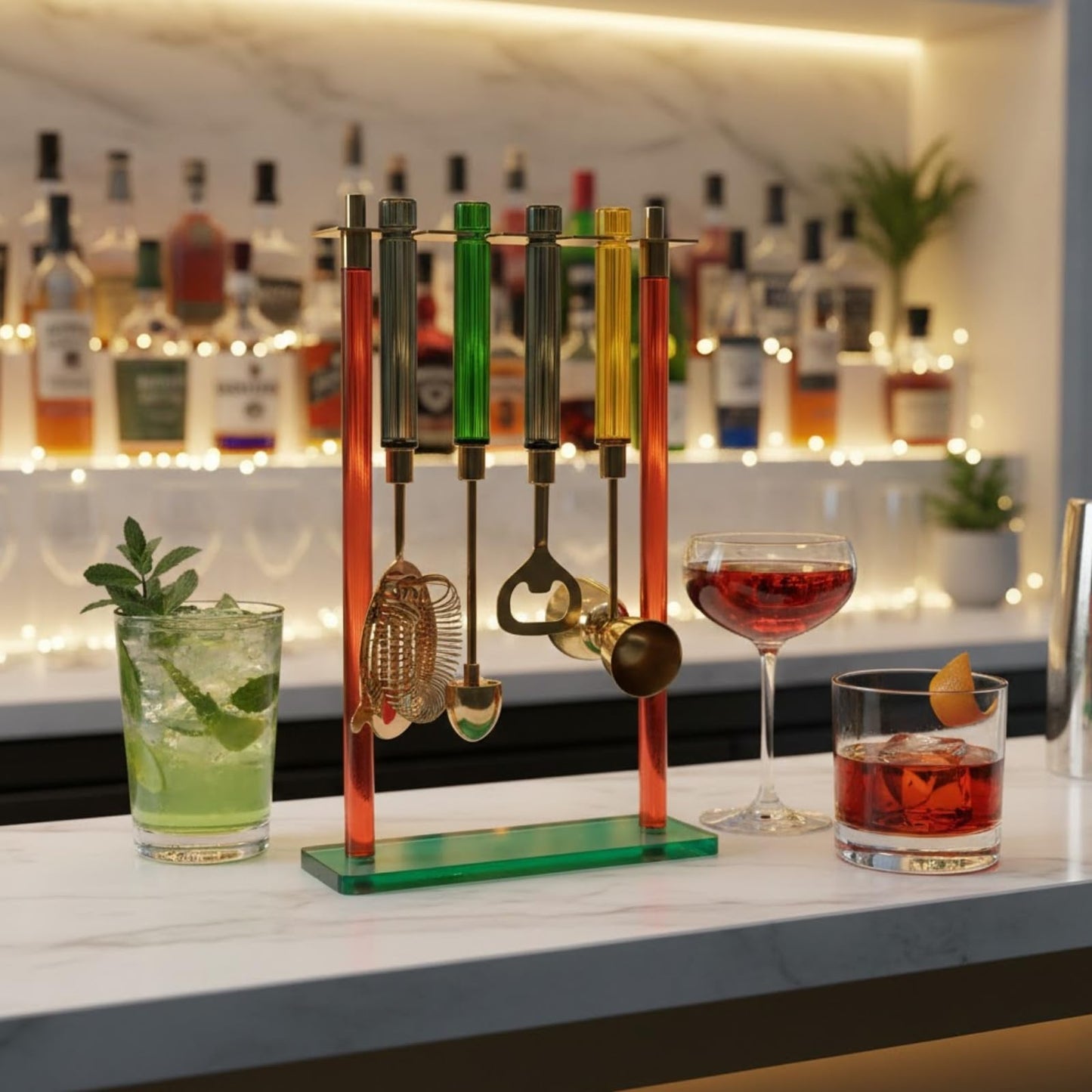 5-Piece Gold Bartender Kit with Stand | Colorful Resin Handles | Gold-Finished Steel | Gift-Ready