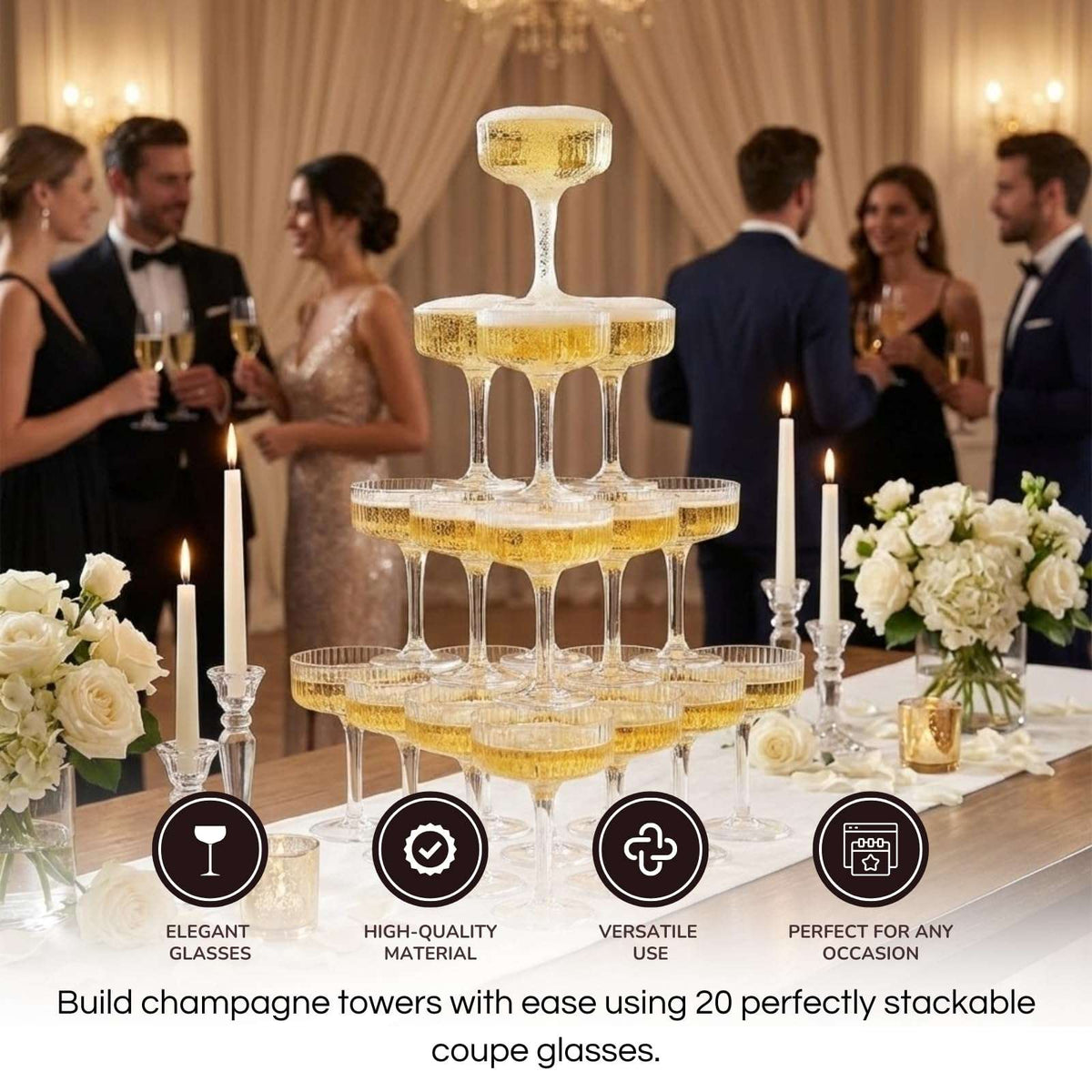 Champagne tower display with stackable clear acrylic coupe glasses and gold drink at a party table
