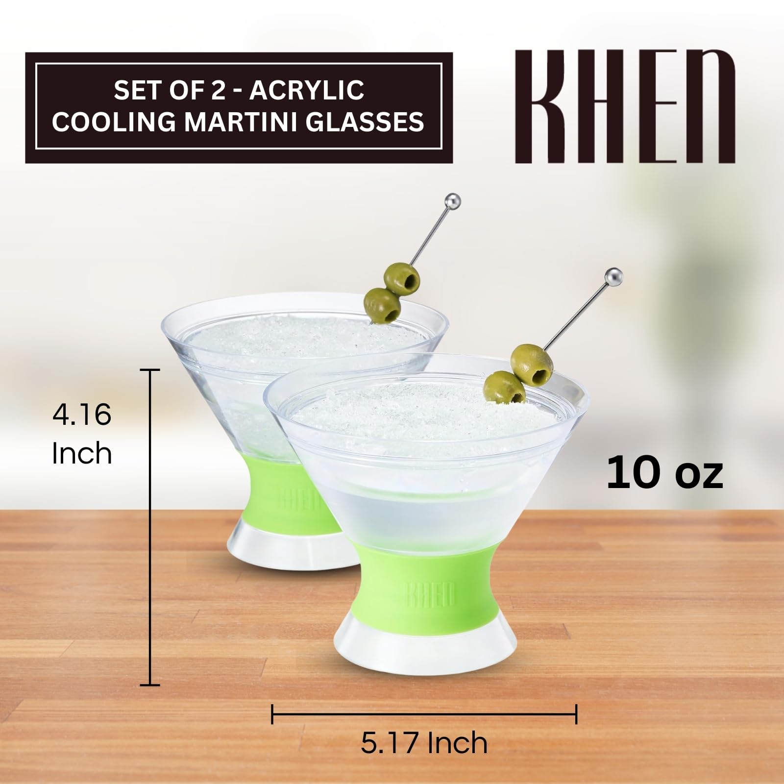 Khen Cooling Martini Glasses | Set of 2 | 10oz | Double-Wall Insulated | Shatterproof Acrylic | Frosted Base - Niksstuff