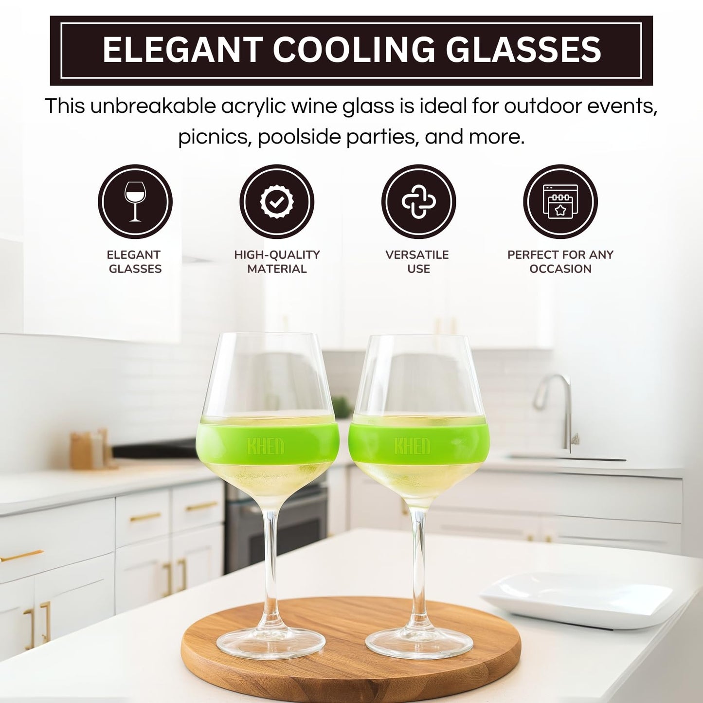 Khen Stemmed Acrylic Cooling Wine Glasses | Set of 2 | 14oz | Green | Break-Resistant | Freezer Safe - Niksstuff
