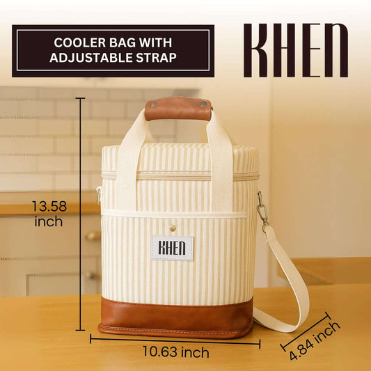 Striped insulated wine cooler tote with adjustable shoulder strap and brown trim