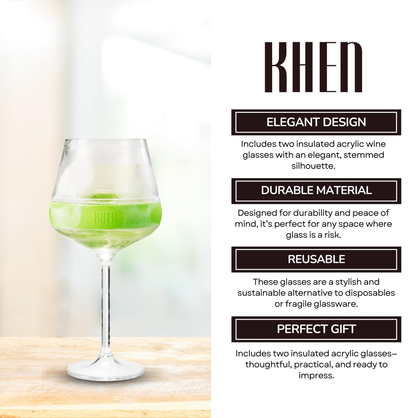 Khen Stemmed Acrylic Cooling Wine Glasses | Set of 2 | 14oz | Green | Break-Resistant | Freezer Safe - Niksstuff