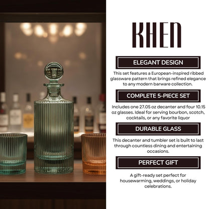 Khen Ribbed Glass Decanter Set with 4 Glasses