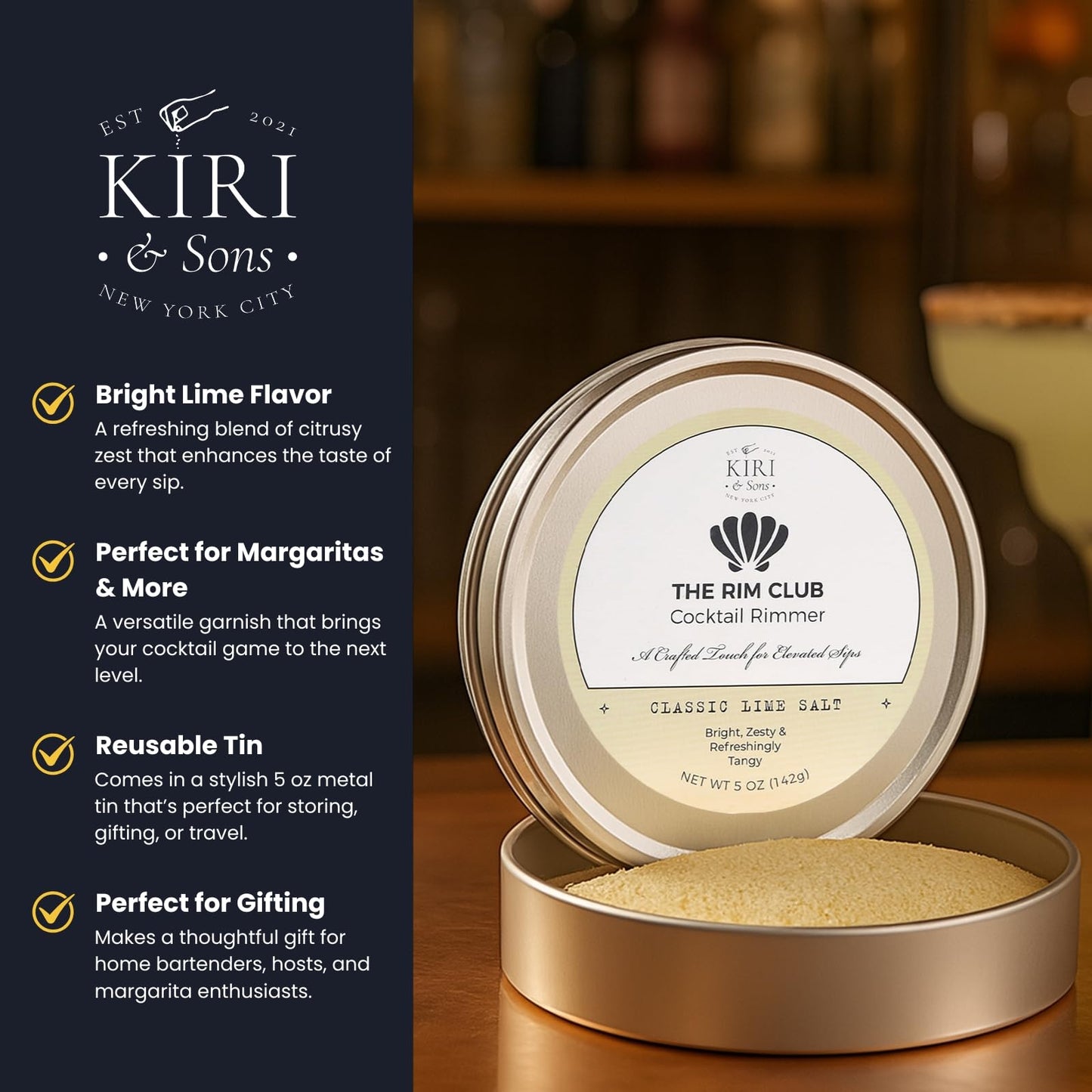 Kiri & Sons Classic Lime Margarita Salt Rimmer – Cocktail Rim Salt | 5oz Tin