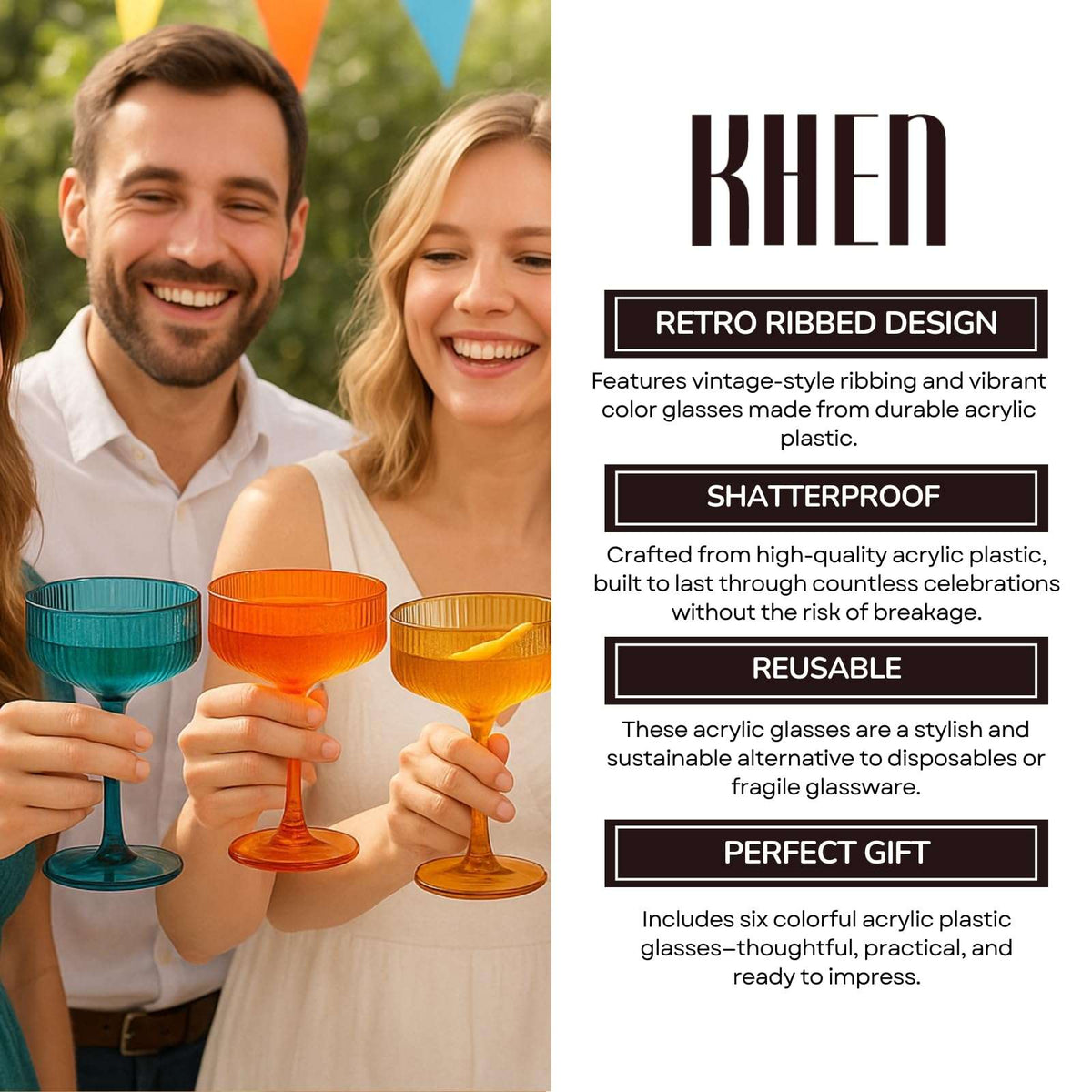 Ribbed coupe acrylic glasses in orange, blue, and teal held in hands, set of 6