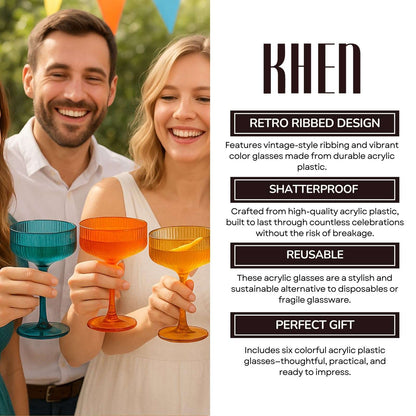Ribbed coupe acrylic glasses in orange, blue, and teal held in hands, set of 6