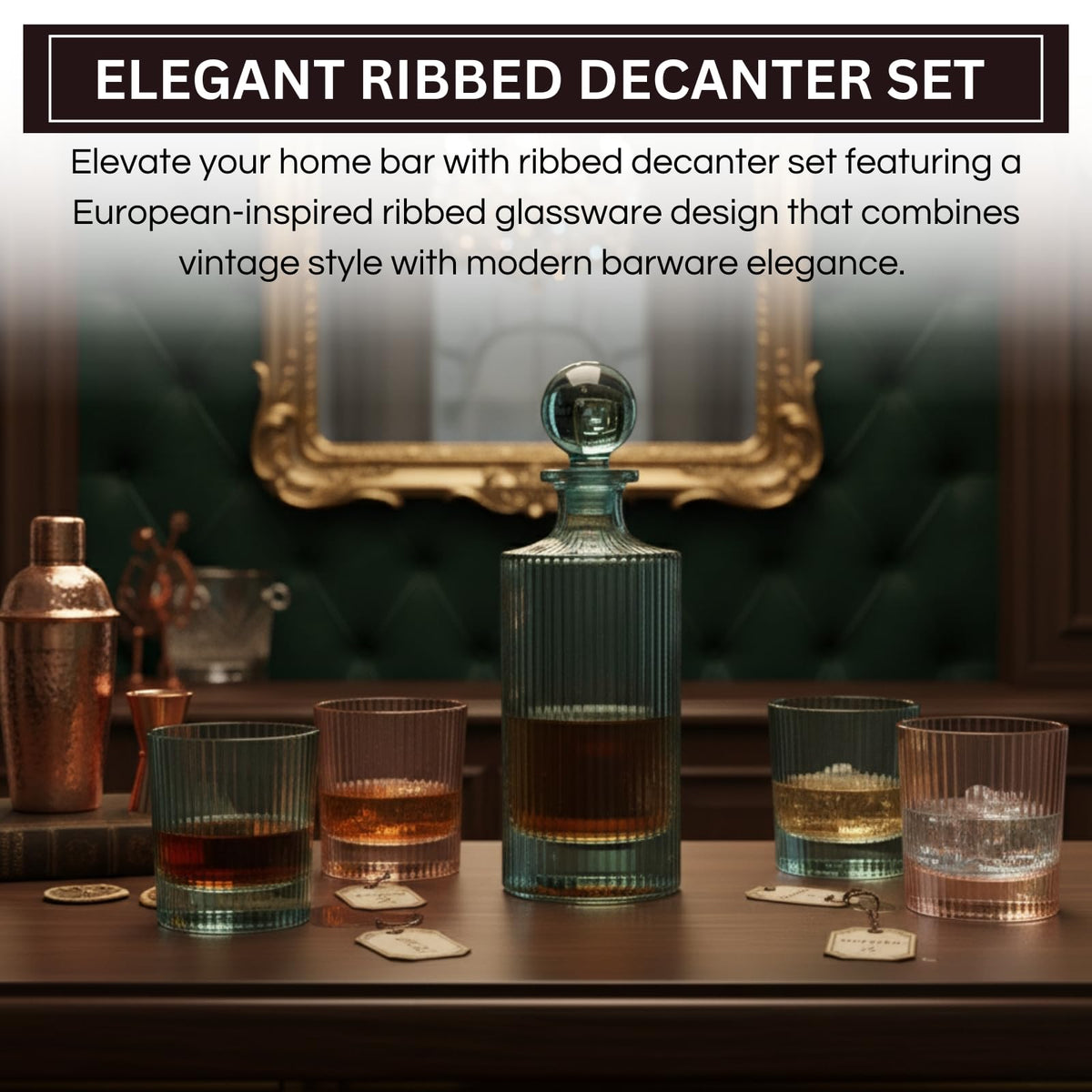 Khen Ribbed Glass Decanter Set with 4 Glasses