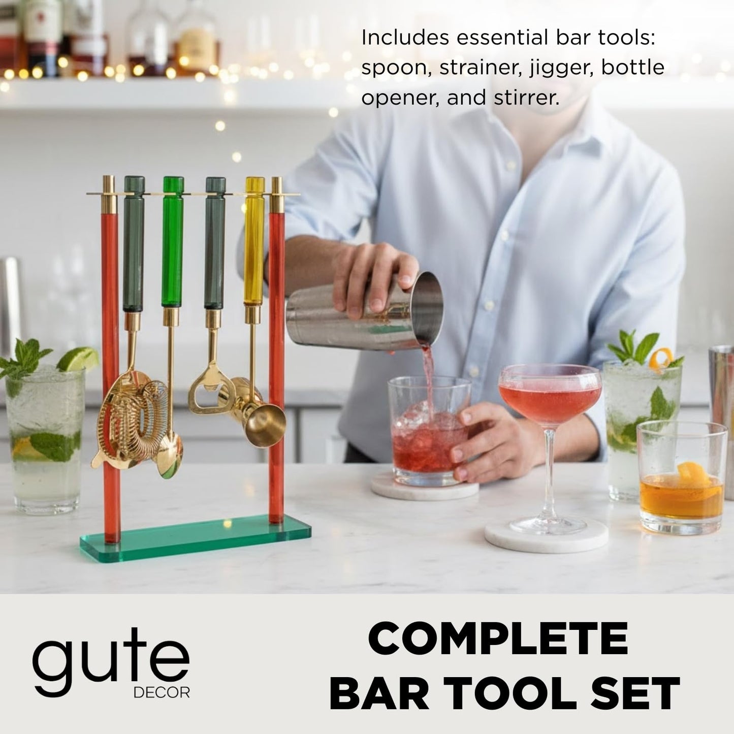 5-Piece Gold Bartender Kit with Stand | Colorful Resin Handles | Gold-Finished Steel | Gift-Ready