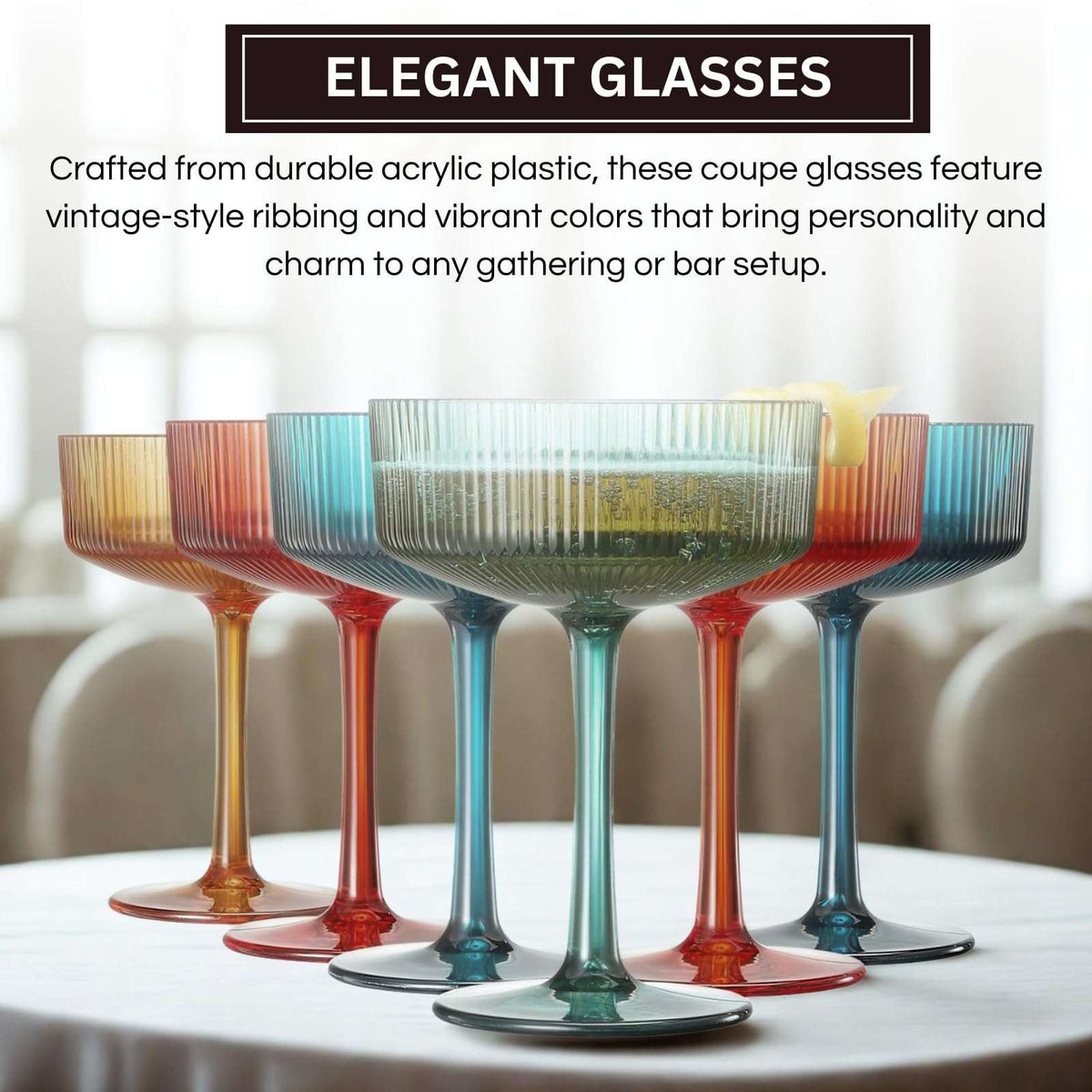 Assorted ribbed coupe acrylic glasses with vintage-style fluting and colorful translucent finish