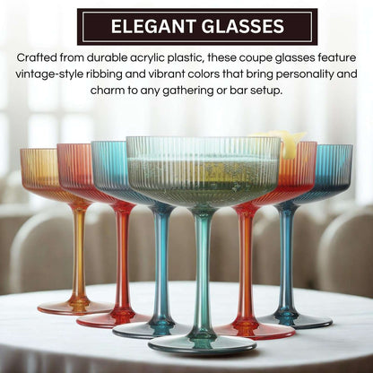 Assorted ribbed coupe acrylic glasses with vintage-style fluting and colorful translucent finish