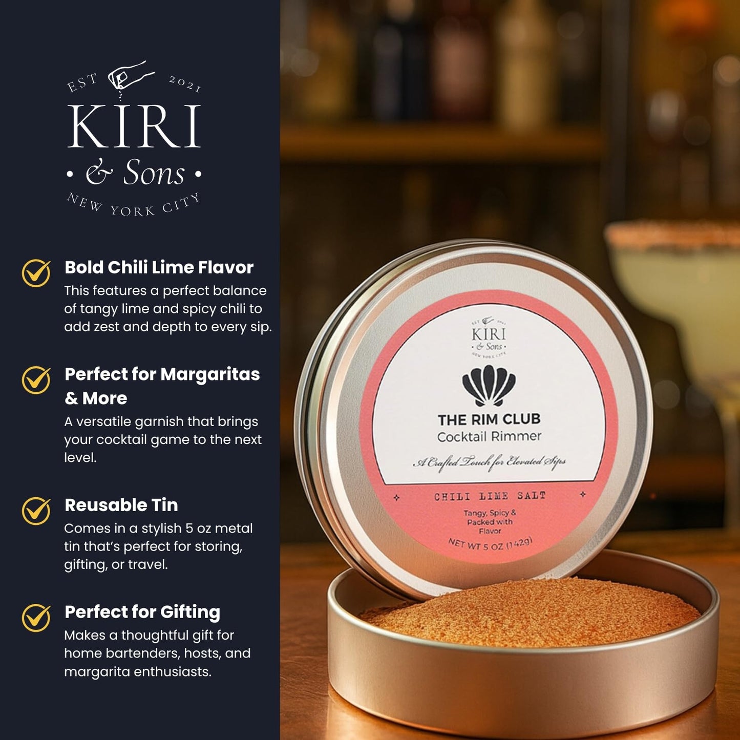 Kiri & Sons Chili Lime Margarita Salt Rimmer – Spicy Cocktail Rim Salt | 5oz Tin