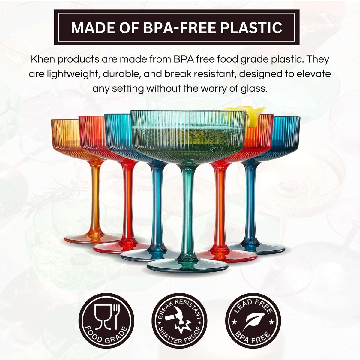 Six ribbed coupe acrylic glasses in assorted translucent colors, arranged together