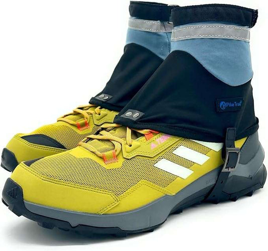 Blue and dark navy low-cut running thru-hiker gaiters with hook-and-buckle straps