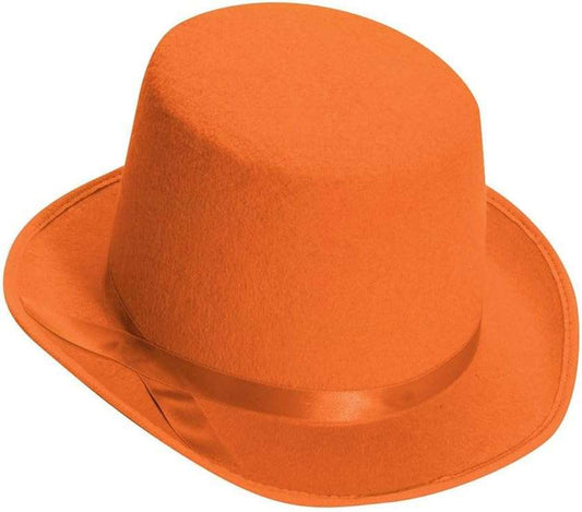 Orange felt top hat with wide brim and tall crown for adult costume