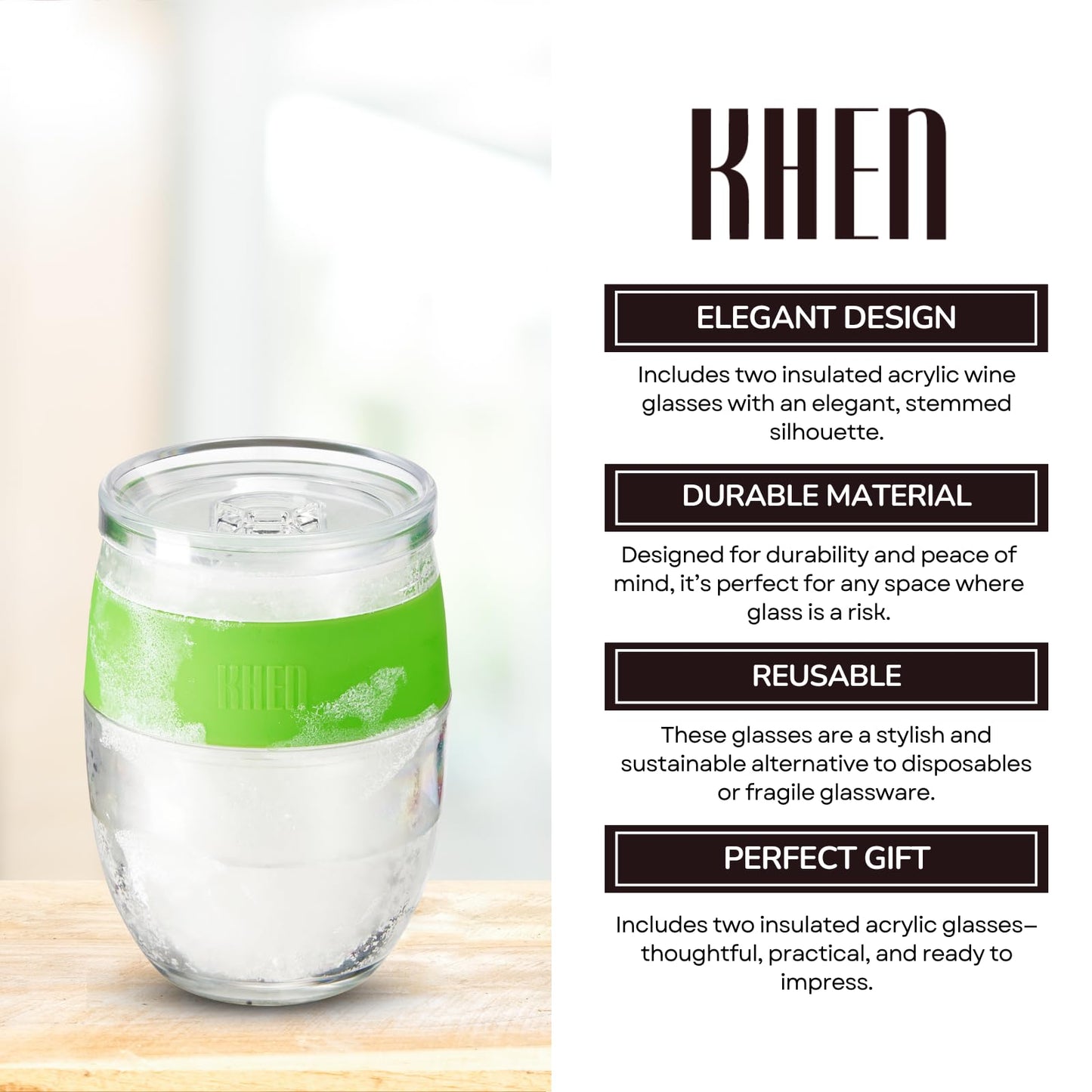 Khen Stemless Acrylic Cooling Wine Glasses | Set of 2 | 14oz | Green | BPA-Free | Freezer Safe - Niksstuff