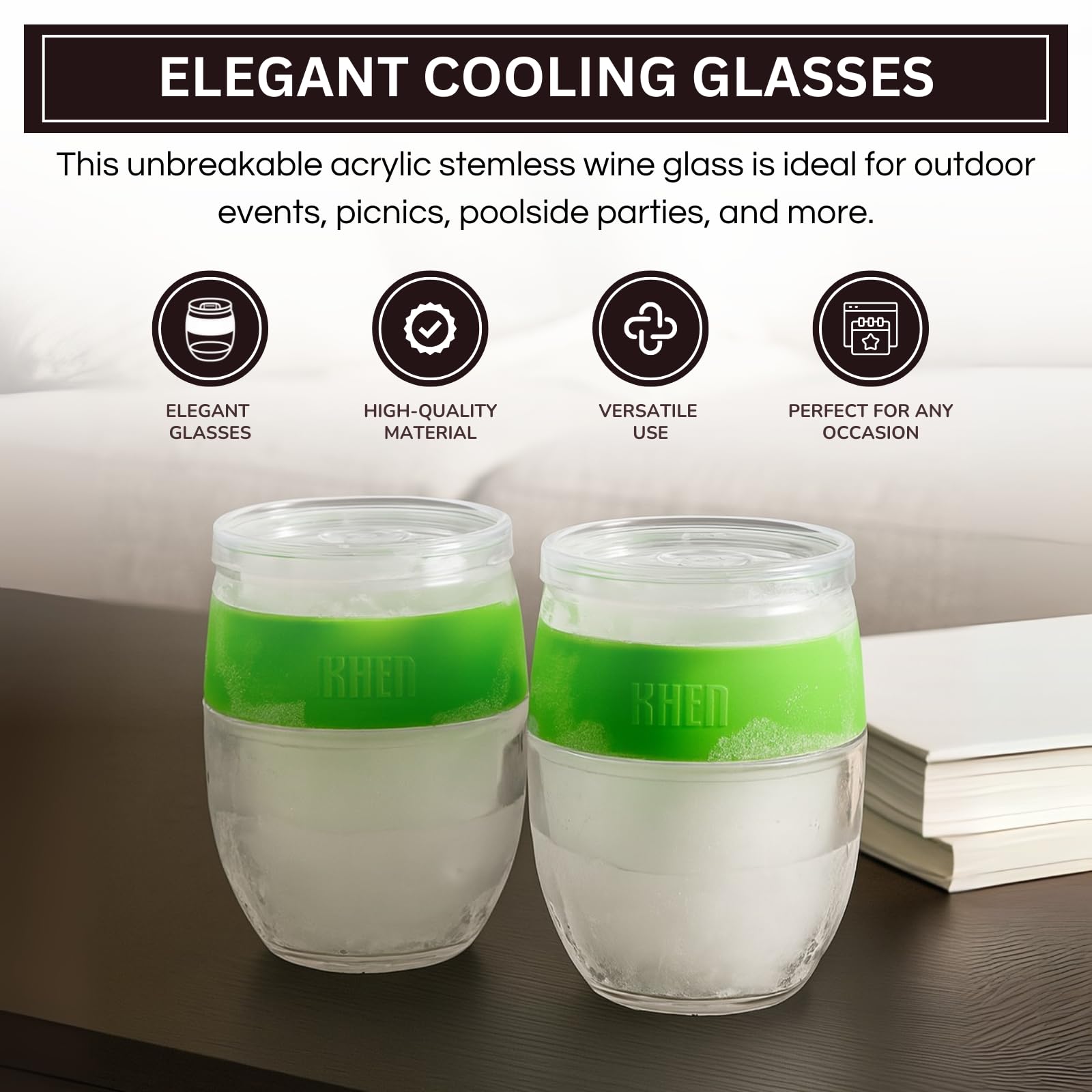 Khen Stemless Acrylic Cooling Wine Glasses | Set of 2 | 14oz | Green | BPA-Free | Freezer Safe - Niksstuff