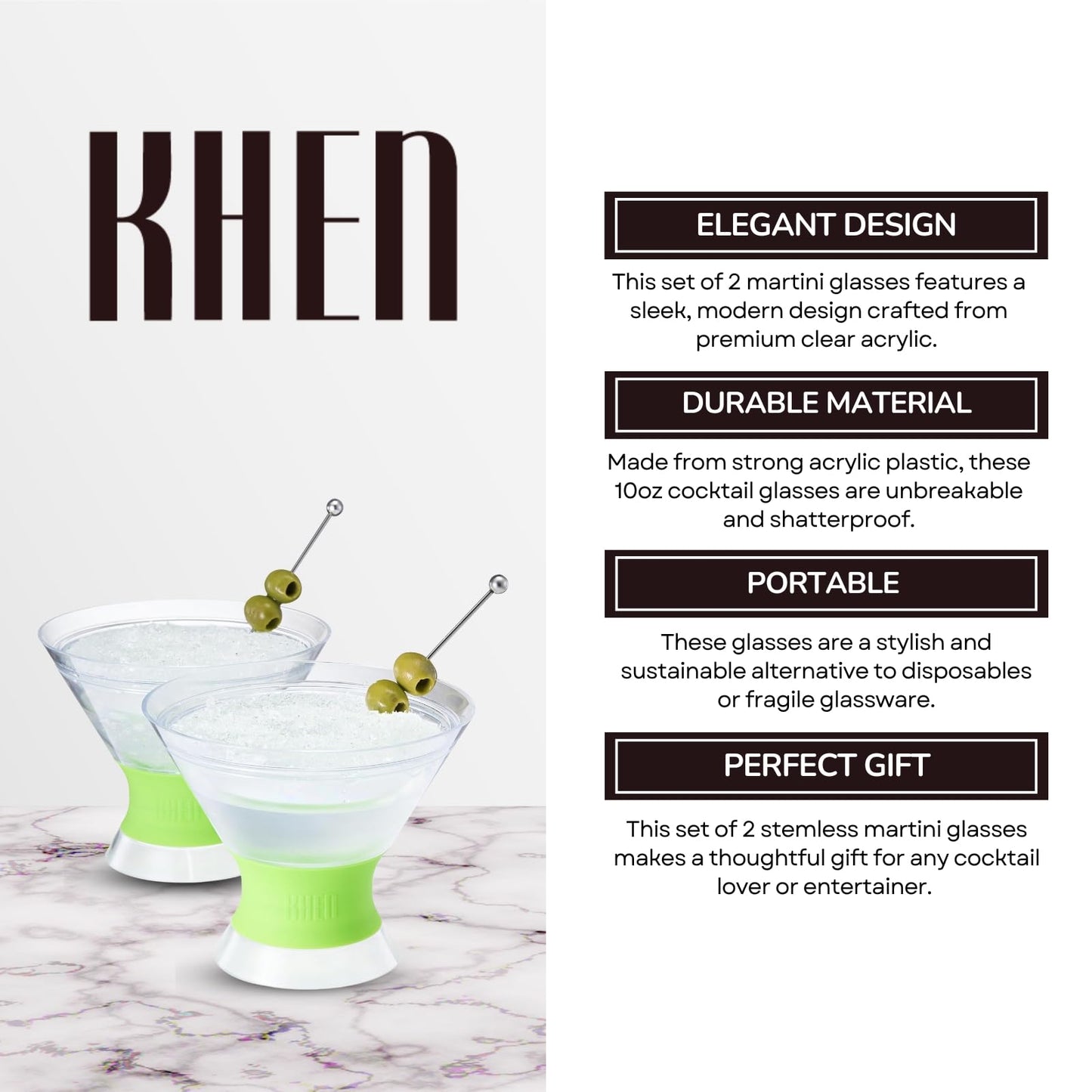 Khen Cooling Martini Glasses | Set of 2 | 10oz | Double-Wall Insulated | Shatterproof Acrylic | Frosted Base - Niksstuff