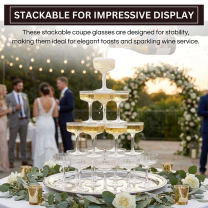 Outdoor event champagne tower made of stackable clear acrylic coupe glasses with gold drink