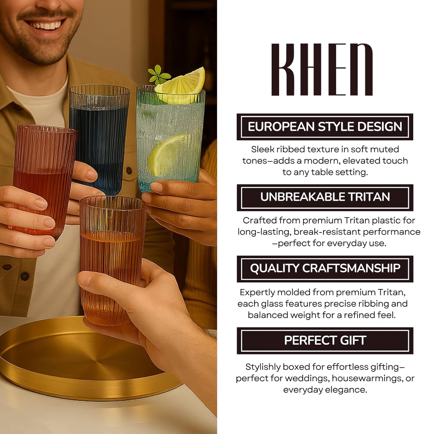 Khen Ribbed Drinking Glasses | Set of 4 | Shatterproof Tritan Acrylic | Indoor & Outdoor | Khen Site - Niksstuff