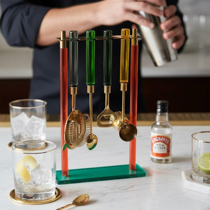 5-Piece Gold Bartender Kit with Stand | Colorful Resin Handles | Gold-Finished Steel | Gift-Ready