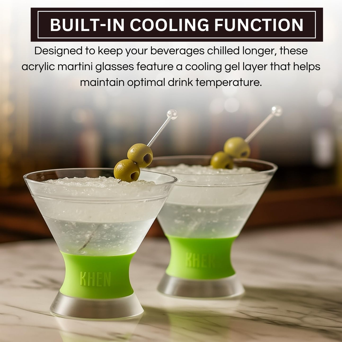 Khen Cooling Martini Glasses | Set of 2 | 10oz | Double-Wall Insulated | Shatterproof Acrylic | Frosted Base - Niksstuff