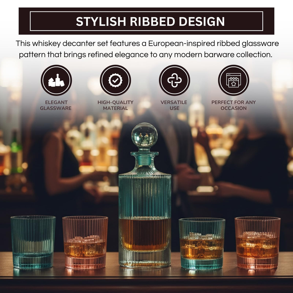 Khen Ribbed Glass Decanter Set with 4 Glasses