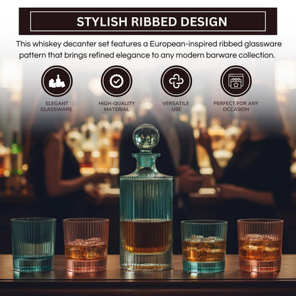 Khen Ribbed Glass Decanter Set with 4 Glasses