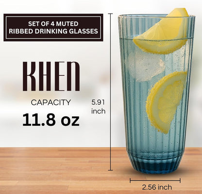 Khen Ribbed Drinking Glasses | Set of 4 | Shatterproof Tritan Acrylic | Indoor & Outdoor | Khen Site - Niksstuff