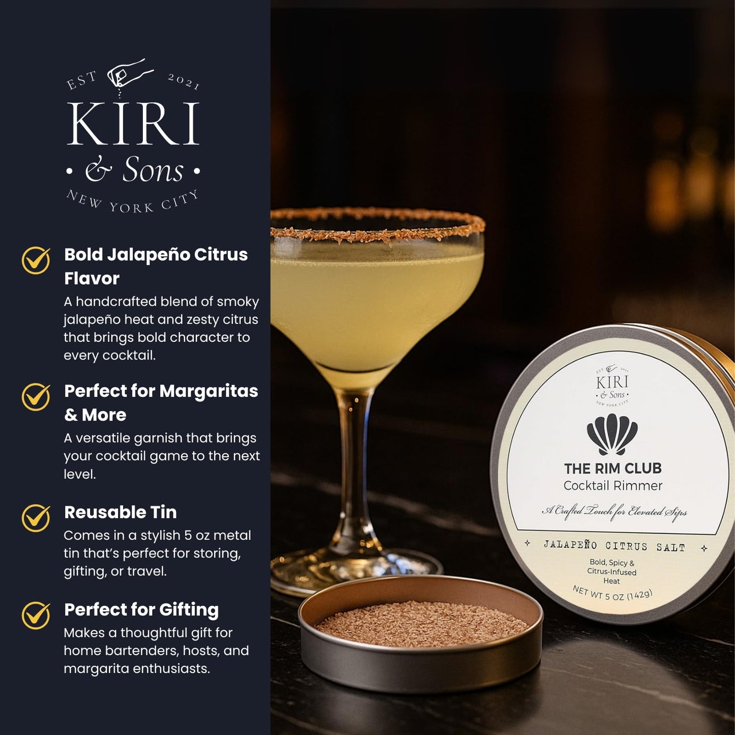 Kiri & Sons Jalapeño Citrus Margarita Salt Rimmer – Spicy Cocktail Rim Salt | 5oz Tin