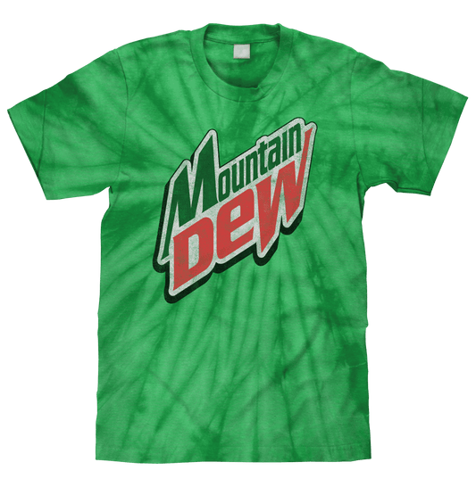 Green tie-dye T-shirt with Mountain Dew retro logo on chest
