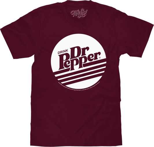 Burgundy cotton T-shirt with large retro Dr Pepper logo and 'Drink Dr Pepper' print
