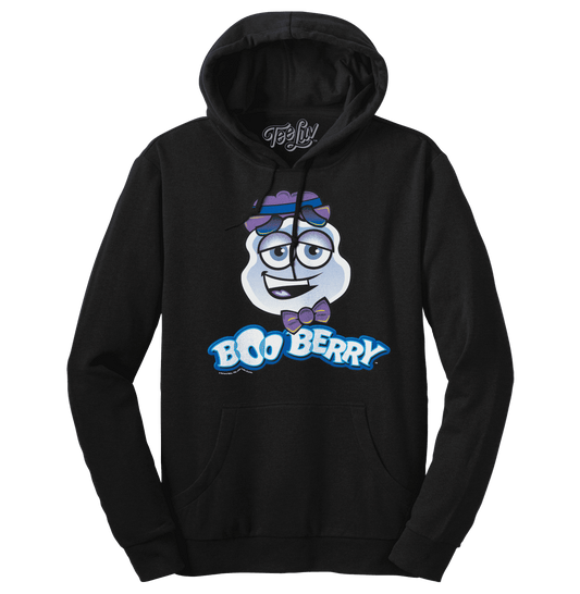 Black pullover hoodie with Boo Berry Monster mascot front graphic and kangaroo pocket