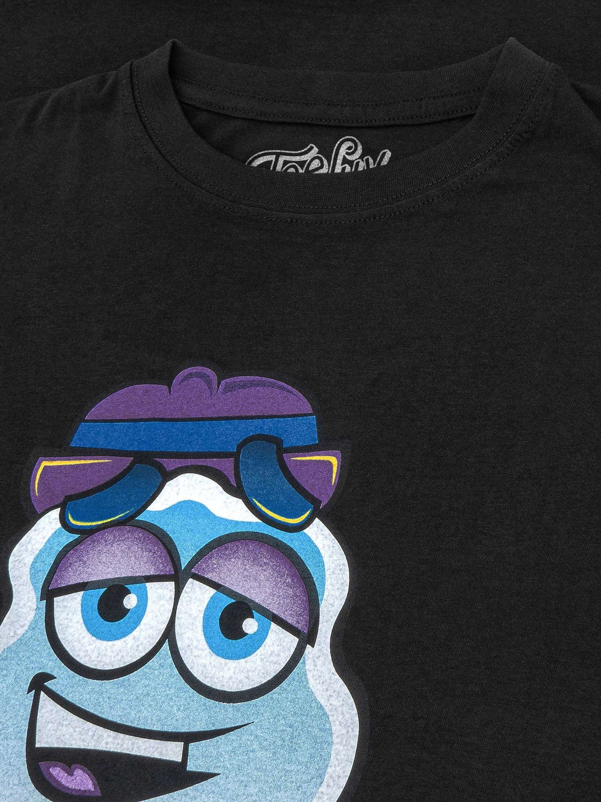 Black T-shirt close-up of Boo Berry character graphic and stylized “Berry” text