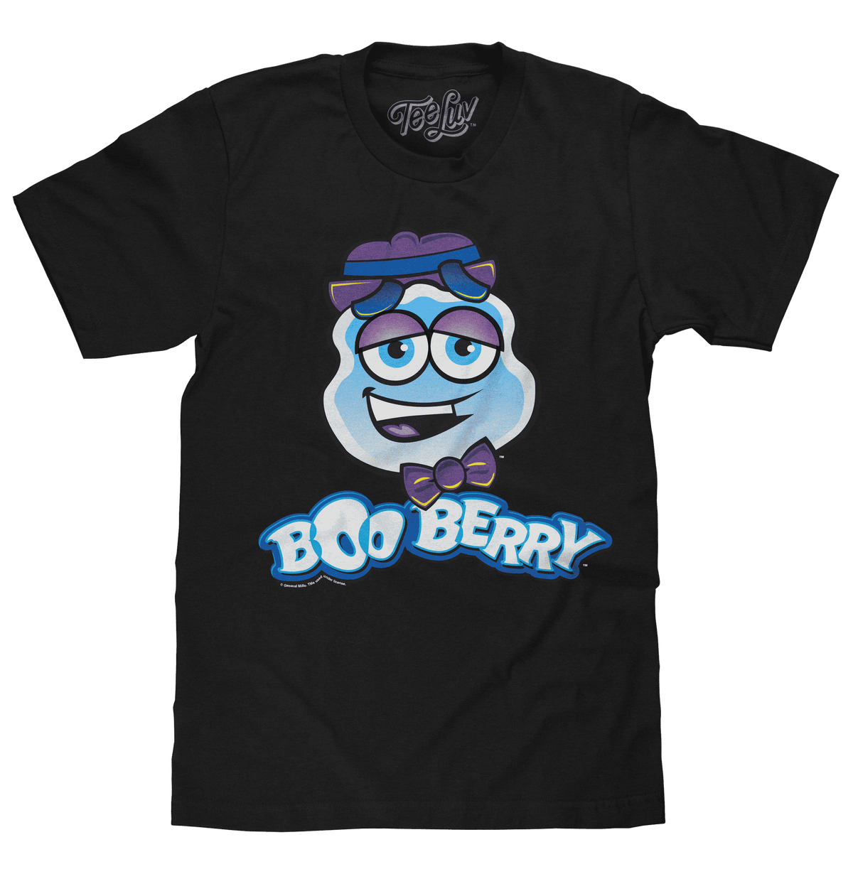Black 100% cotton T-shirt with colorful Boo Berry character graphic on chest